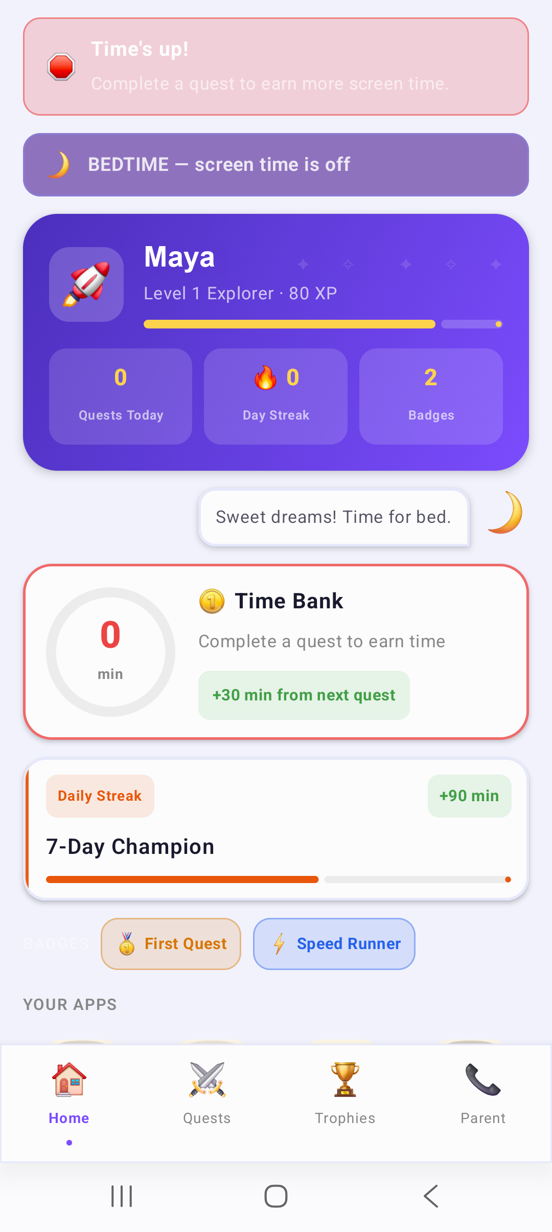 ScreenQuest kid home screen showing earned time and quests